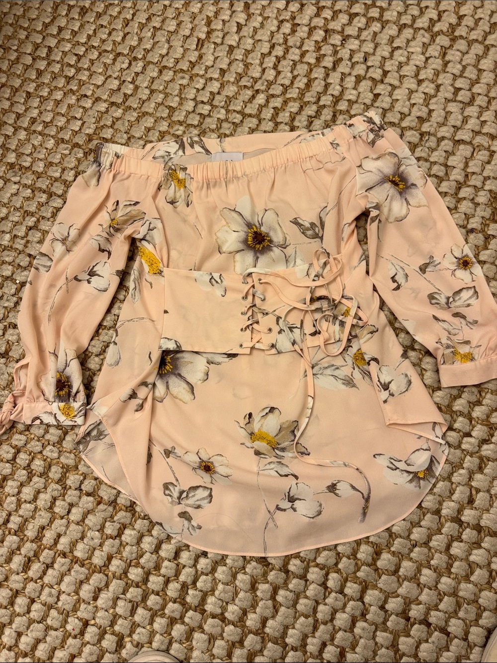 J.O.A. Peach Floral Off-Shoulder Lace-Up Top